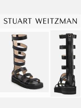 Stuart Weitzman Gala Lift Tall Leather Gladiator Sandals in Black Sz 5½